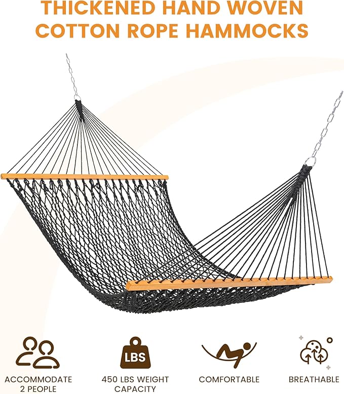 Lazy Daze Hammocks Double Rope Hammock 2 Person Traditional Outdoor Hand Woven Cotton Rope Hammock with Spreader Bar Carabiners Tree Straps Chains for Patio Yard - Max 450 Lbs Dark Grey