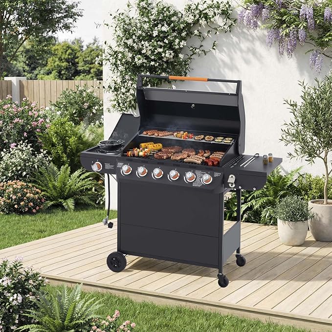 6-Burner Propane Gas BBQ Grill with Side Burner 72000 BTU Stainless Steel Barbecue Grill with Cast Iron Grates and Side Table for Outdoor Cooking Kitchen Patio