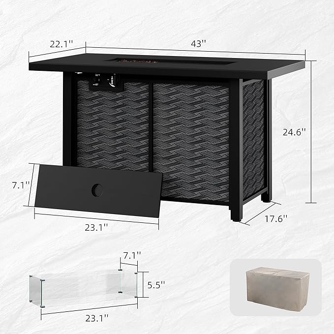 43 Propane Fire Pit Table with Glass Wind Guard &amp Lid 50000 BTU Outdoor Gas Fireplace Weather-Resistant Smokeless 2-in-1 Rectangular Coffee Table for Patio Garden