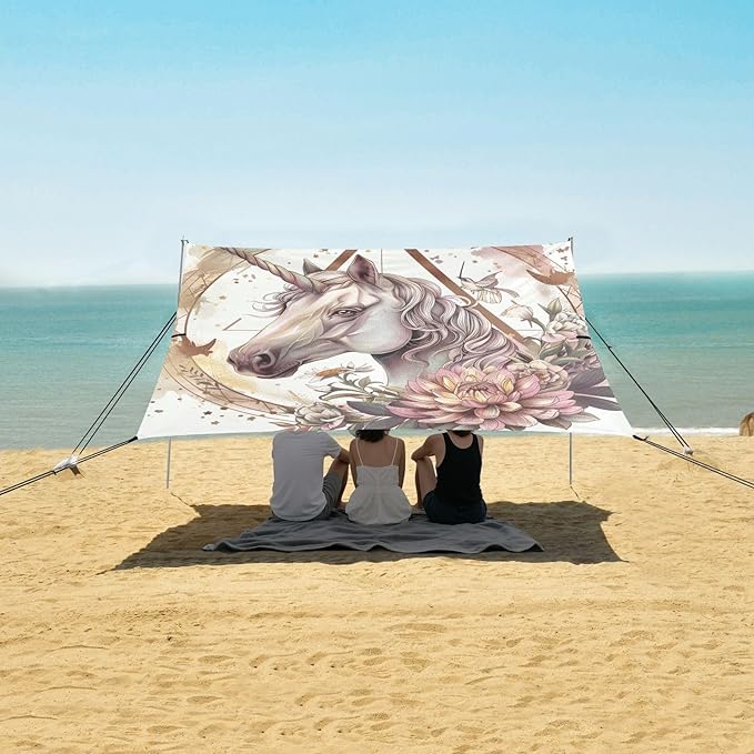 ALAZA Unicorn Flowers Golden Geometric Circles Triangles Beach Tent Sun Shelter Portable Canopy Sunshade for Outdoor Camping Picnics Backyard Fun 10x9 ft