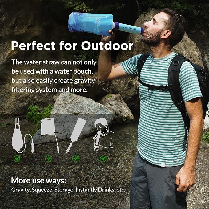 Membrane Solutions Squeezable Water Filtration System Survival Water Purifier Kit Portable Backpacking Gear Including Water Filter Straw and 23oz Collapsible Bottle for Hiking Camping Travel(5+6)