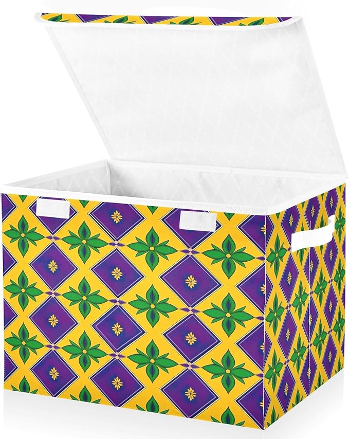 Storage Baskets with Lids Collapsible Bins Stackable Fabric Linen Baskets Closet Organizer Container Mardi Gras 16.5x12.6x11.8