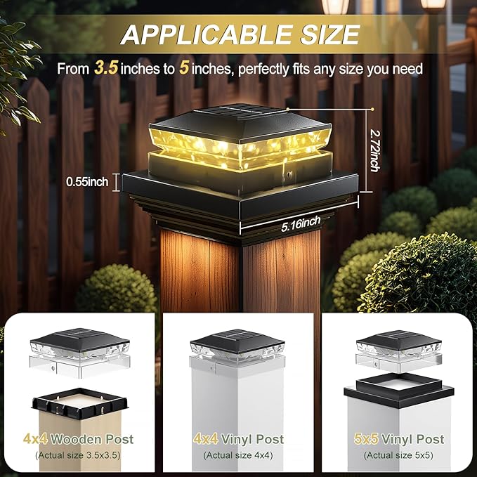 Solar Post Cap Light 8 Packs Waterproof Solar Powered Fence Light 4x4 IP65 Black Outdoor Post Solar Lights for Deck Garden &amp Patio Lights for 3.5x3.54x45x5 Wood &amp Vinyl Posts Warm White Li