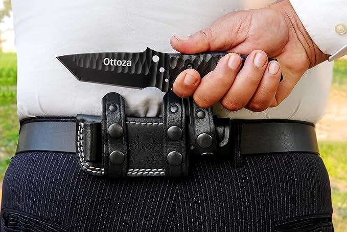 Ottoza Tanto Tactical Knife with Fixed Blade and Horizontal Carry Leather Sheath - Compact Military EDC Knife - Black Micarta Handle 377