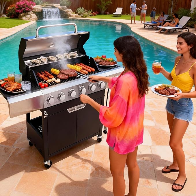 Endark 6-Burner 68500 BTU Propane Gas Grill with Side Burner Stainless Steel &amp Porcelain Grates Wheeled BBQ Grill for Patio Garden Backyard Outdoor Cooking