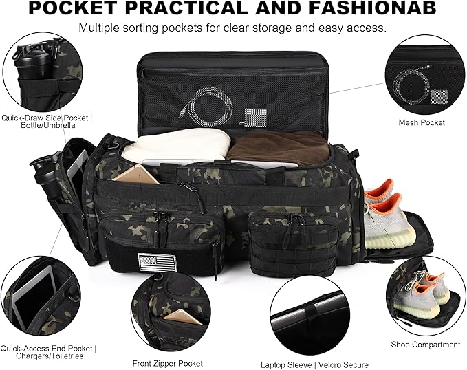 LHI 50L Tactical Duffle Bag for Men 3-in-1 Gym Duffle and Backpack Shoe Compartment Laptop Sleeve and MOLLE Carry-On Travel Weekender and Overnight Bag – Black CP Camo