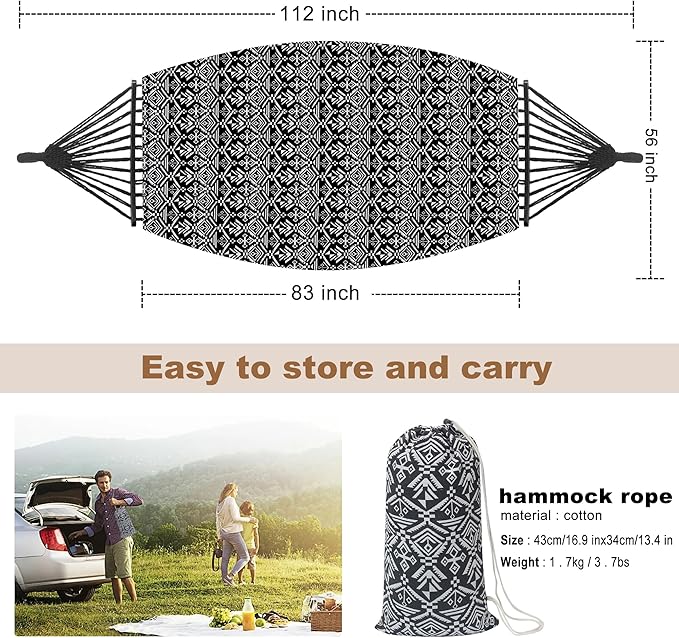 2 Person Hammock with PillowIndoor Hammocks with Portable Carry Bag Deluxe Macrame FringeCurved Spreader BarSide PocketPolycotton FabricUp to 450Lbs for PatioPorchBackyardBeachOutdoor