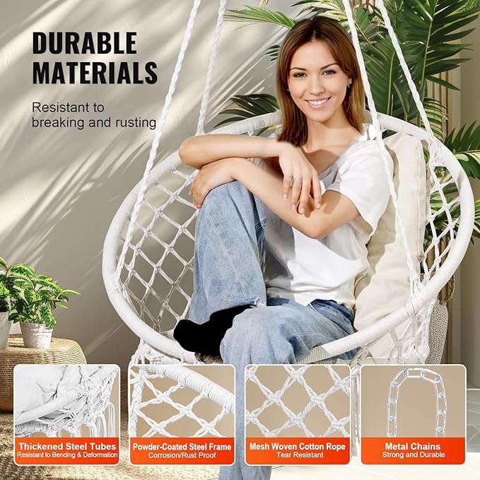 VEVOR Hanging Hammock Swing Chair 330 lbs Capacity Macramé Hanging Chair with Cushion and Mounting Hardware Cotton Rope Swing Chair for Bedroom Balcony Patio Garden White