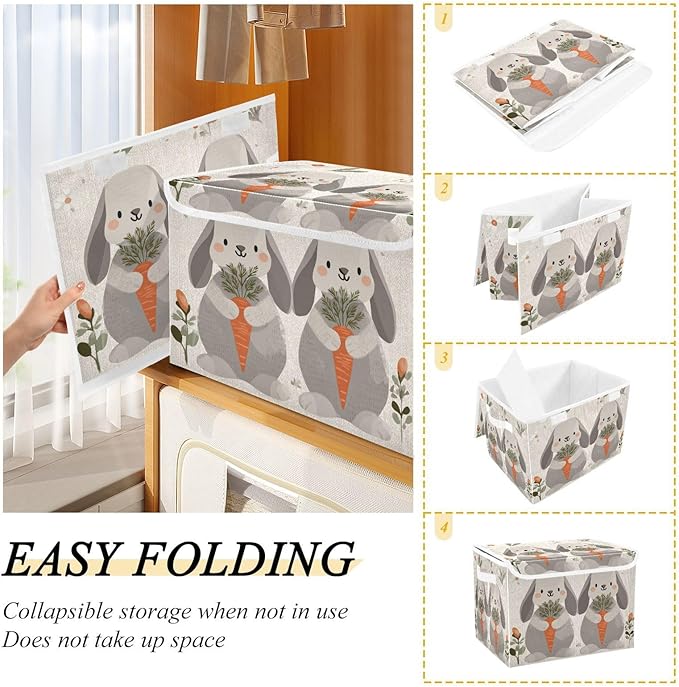 Collapsible Storage Bins with Lids Decorative Fabric Storage Cubes Closet Organizer and Storage Basket Boxes Containers for Clothes Box Chest Folding Rectangle Cute Grey Bunny Carrot