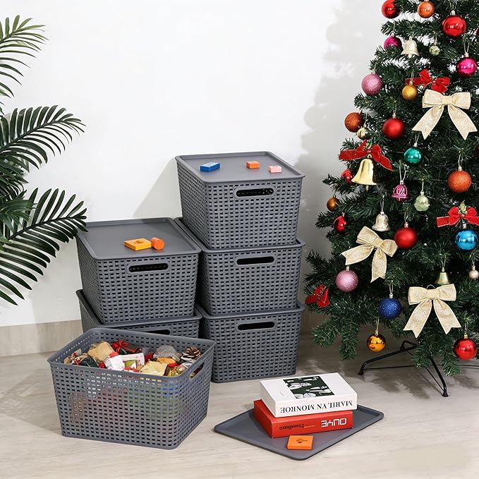 6 Pack Plastic Storage Bins with Lids Stackable Storage Baskets with Handles Large Organizer Bins for Desk Shelves Office Plastic Container Bins for Pantry Organizers and Storage Grey