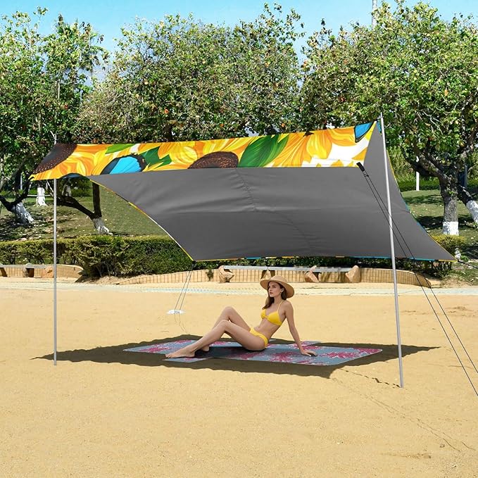 Beach Canopy with Windproof Ropes &amp Sandbags Beach Tent Sun Shade Sun Shelter for Camping Trips Fishing Backyard Fun or Picnics Sunflowers