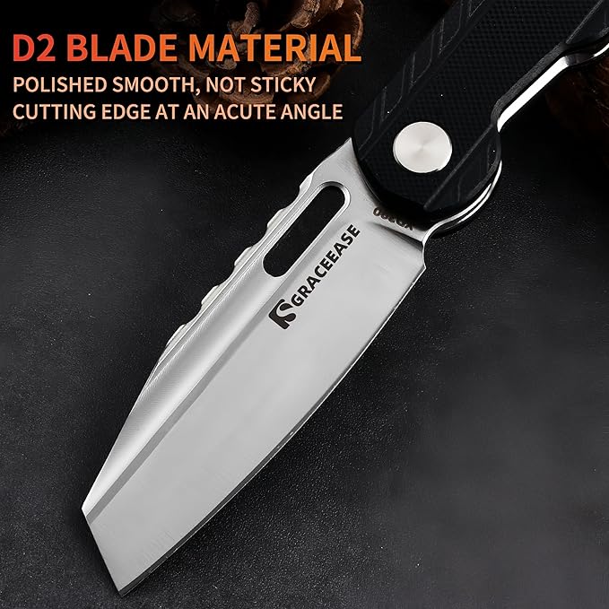 D2 Steel Folding Pocket Knife - EDC Utility Knife with G10 Handle for Camping Hiking(Black)