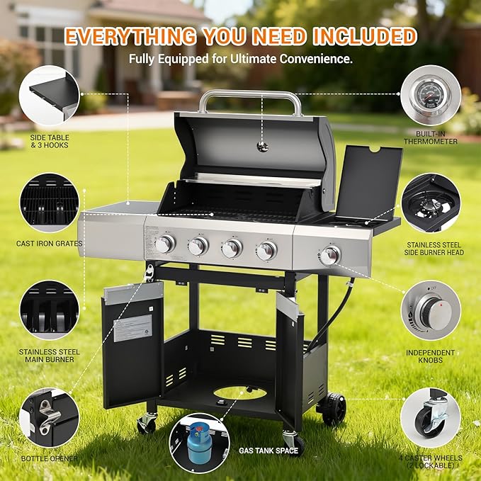 EUHOME Upgraded 51000 BTU Stainless Steel Burner Barbecue Grill 4 Burner BBQ Propane Gas Grill with Side Burner 452 sq. in Cooking Area with Porcelain for Patio Camping Outdoor Cooking