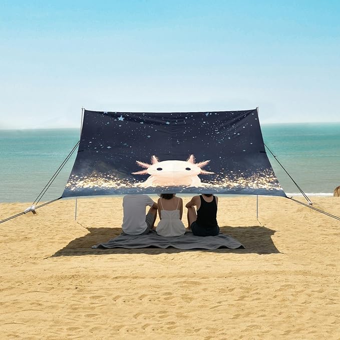 ALAZA Cute Axolotl Stars Beach Tent Sun Shelter UPF50+ Protection Beach Shade Canopy w/ 4 Sandbags for Outdoor Camping Fishing Backyard Fun Picnic 10x9 ft