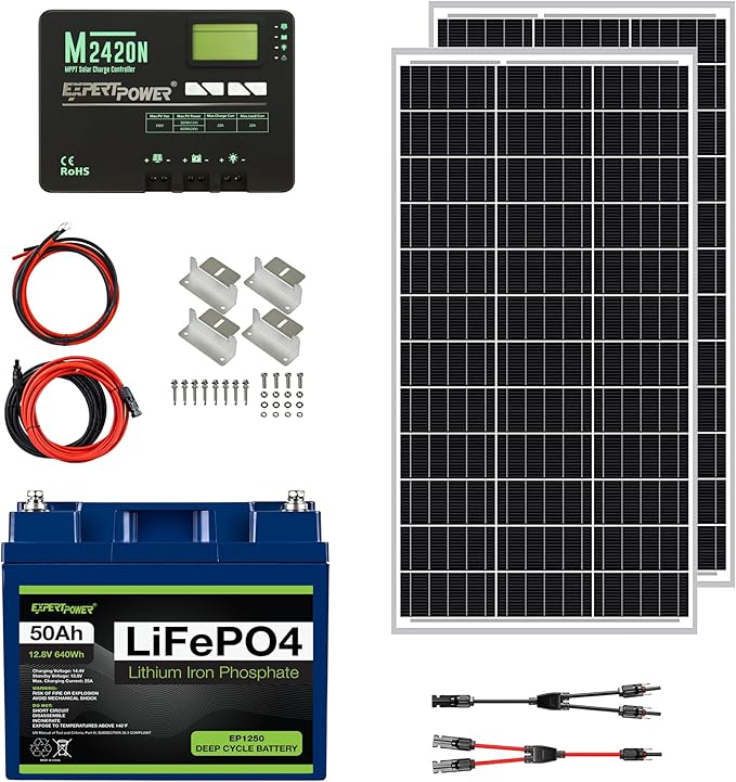 ExpertPower 200W 12V Solar Power Kit | 12V 50Ah LiFePO4 Lithium Batteries | 200W Mono Rigid Solar Panels 20A MPPT Solar Charge Controller | RV Trailer Camper Marine Off Grid Solar Projects
