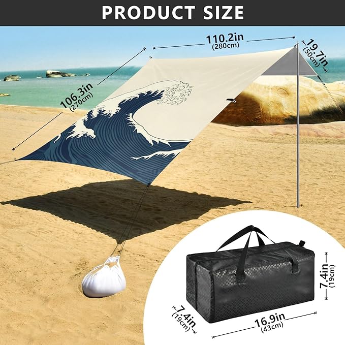 Beach Canopy with Windproof Ropes &amp Sandbags Beach Tent Sun Shade Sun Shelter for Camping Trips Fishing Backyard Fun or Picnics Waves