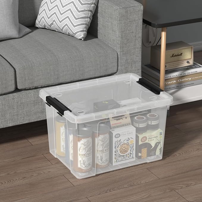 34 Quart Plastic Latching Storage Box with Wheels 4-Pack Clear Storage Bins with Lids