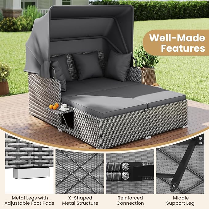 Tangkula Patio Rattan Daybed with Retractable Canopy Outdoor Wicker Sunbed Lounger with 2 Foldable Side Tables Thick Seat &amp Back Cushions Outside Double Daybed for Garden Backyard Porch Grey