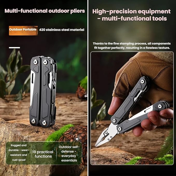 Multi Tool 19-in-1 Full-Size Lightweight EDC Multi-Purpose Pliers Camping Knives &amp Tools Nylon Bag Tactical Gear Mens Gifts Ideas Gifts for Hunters Men who have Everything (Black）