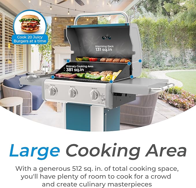 Kenmore 3-Burner Propane BBQ Grill 30000 BTUs Gas Grill with Cast Iron Cooking Grates Folding Side Tables &amp Wheels Outdoor Grill with Tool Hooks Teal