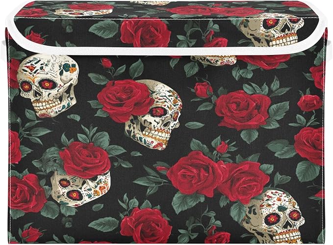 Storage Bins with Lids Storage Containers Box Organizer Bin Basket with Handles for Closet Shelves Clothes Stackable Foldable Decorative Mexico Skull Rose Flowers Red
