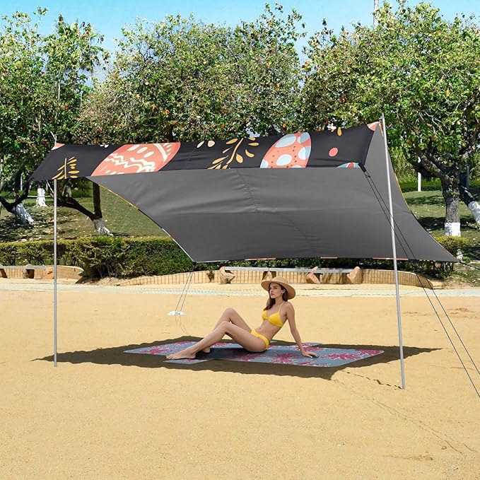 Easter Colorful Eggs Beach Tent Sun Shelter Set UPF50+ UV Protection 10.5 x 9.19 FT Camping Shade Canopy with Sandbags Sand Anchors Carrying Bag and Others