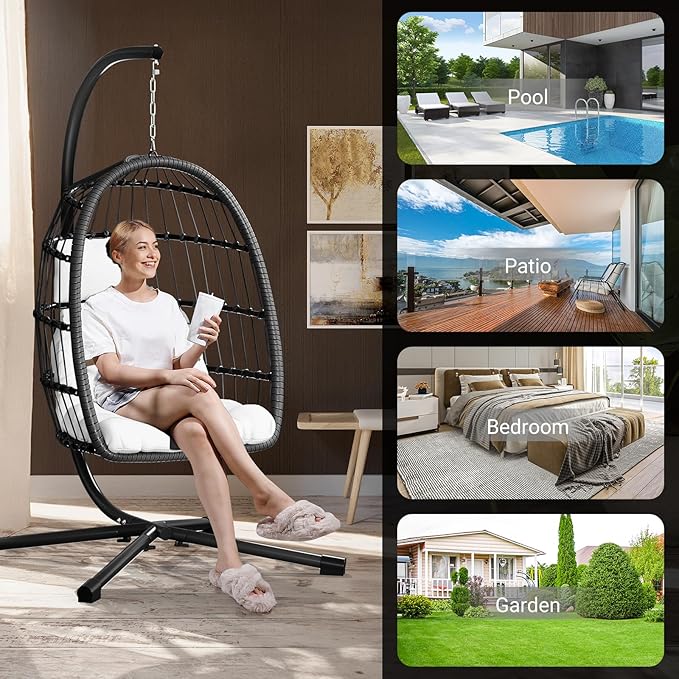 LEVELEVE Egg Chair with StandPatio Rattan Wicker Hanging Swing Egg Chair Hammock Chair for Bedroom Porch GardenThickened Aluminum Alloy Steel Frame and UV Resistant Cushion350LBS Capacity