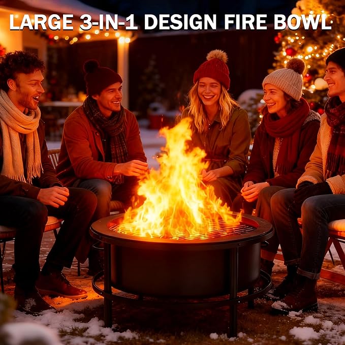 Fire Pits for Outside Wood Burning Large Outdoor Fire Pit Stove with Roating Table and BBQ Grill Cold Finished Steel Round Firepit Bowl with Poker Waterproof Cover Grill Brush