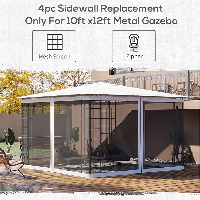 Outsunny 10' x 12' Universal Replacement Mesh Sidewall Netting for Patio Gazebos and Canopy Tents with Zippers Sidewall Only White