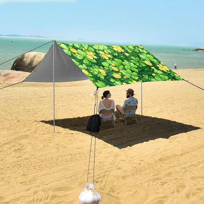xigua St. Patrick's Day Clover Beach Tent Sun Shelter with Carrying Bag - Silver Coated Oxford Fabric Beach Canopy for Beach Camping Fishing - Includes Windproof Ropes Sandbags &amp Stakes