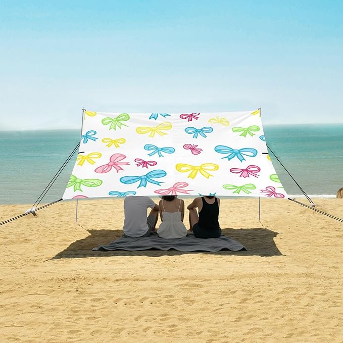 xigua Bow Tie Beach Tent Sun Shelter with Carrying Bag - Silver Coated Oxford Fabric Beach Canopy for Beach Camping Fishing - Includes Windproof Ropes Sandbags &amp Stakes