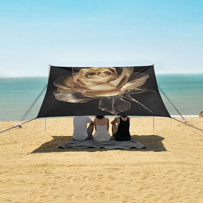 ALAZA Crystal Gold Rose Flower Beach Tent Sun Shelter UPF50+ Protection Beach Shade Canopy w/ 4 Sandbags for Outdoor Camping Fishing Backyard Fun Picnic 10x9 ft