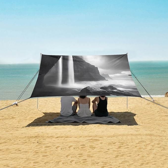 Cliffs Waterfall Beach Tent Sun Shelter Set UPF50+ UV Protection 10.5 x 9.19 FT Camping Shade Canopy with Sandbags Sand Anchors Carrying Bag and Others