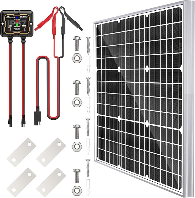 SOLPERK Solar Panel Kit 50W 12V Waterproof Solar Battery Trickle Charger Maintainer + Smart MPPT Controller + Adjustable Mount Bracket for Boat Car RV Motorcycle(Without Mounting Bracket)