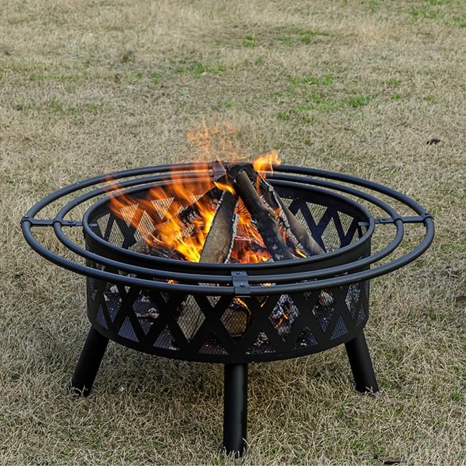 EcoNook 36 Inch Wood Burning Fire Pit with 2 Loops Outdoor Fire Pit with Spark Screen &amp Fire Poker Cross Weave Firepit for Outside Fireplace Bonfire for YardPatio Garden