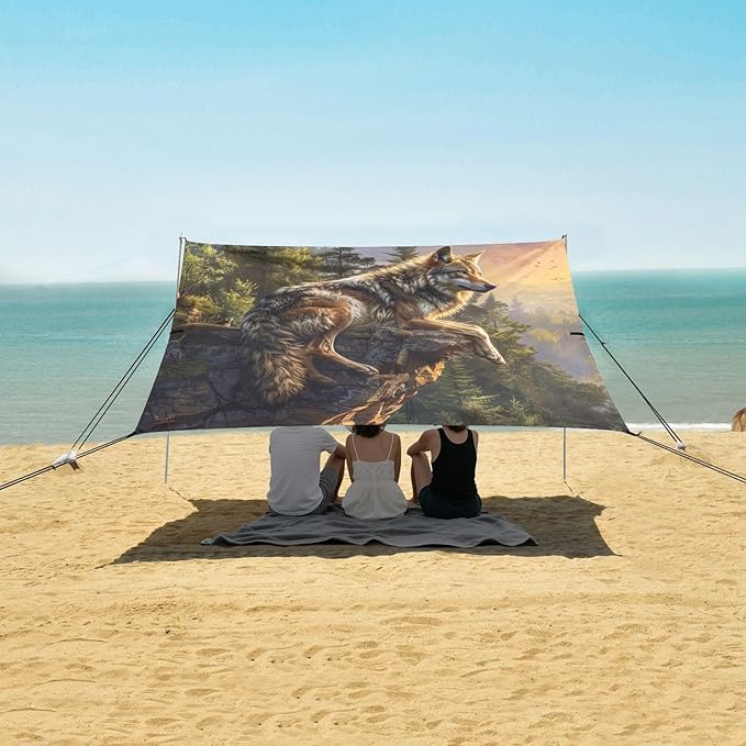 ALAZA Wild Wolf Cliff Forest Beach Tent Sun Shelter UPF50+ Protection Beach Shade Canopy w/ 4 Sandbags for Outdoor Camping Fishing Backyard Fun Picnic 10x9 ft