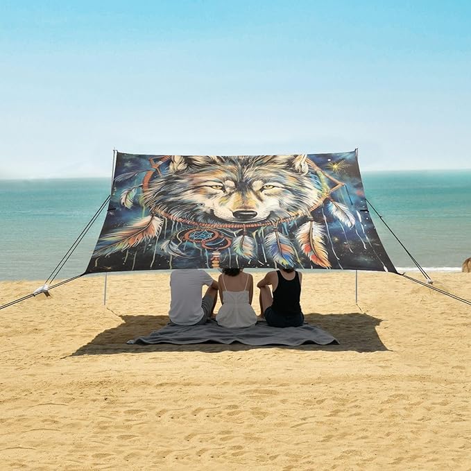 ALAZA Wolf Dream Catcher Starry Beach Tent Sun Shelter Portable Canopy Sunshade for Outdoor Camping Picnics Backyard Fun 10x9 ft