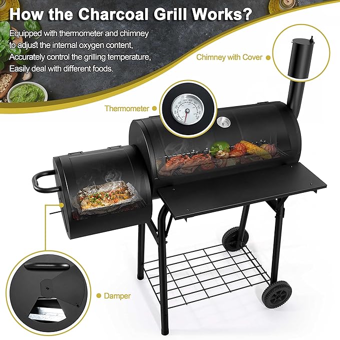Joyfair Charcoal Grill with Offset Smoker Camping Barbecue Grill with Side Fire Box for Outdoor BBQ Smoking/Backyard Party Grilling Thick Iron Steel &amp Dual Chamber Design Thermometer &amp Chim