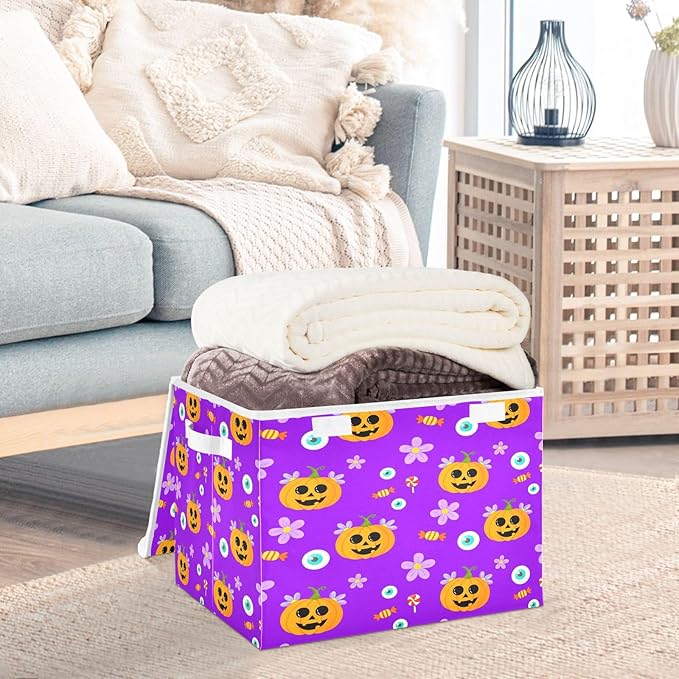 Storage Baskets with Lids Cute Pumpkins Collapsible Stackable Fabric Organizer Baskets for Closet 16.5x12.6x11.8 Inch Foldable Home Storage Containers for Shelves