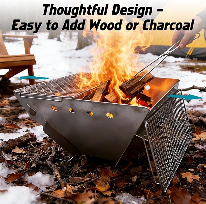 Stainless Steel Fire Pit for Camping Collapsible Fire Pit for Outdoor Use 2-4 Person Portable Firepit Tool-Free Assembly Patio Bonfire Picnic and BBQ with Grill Net &amp Canvas Storage Bag