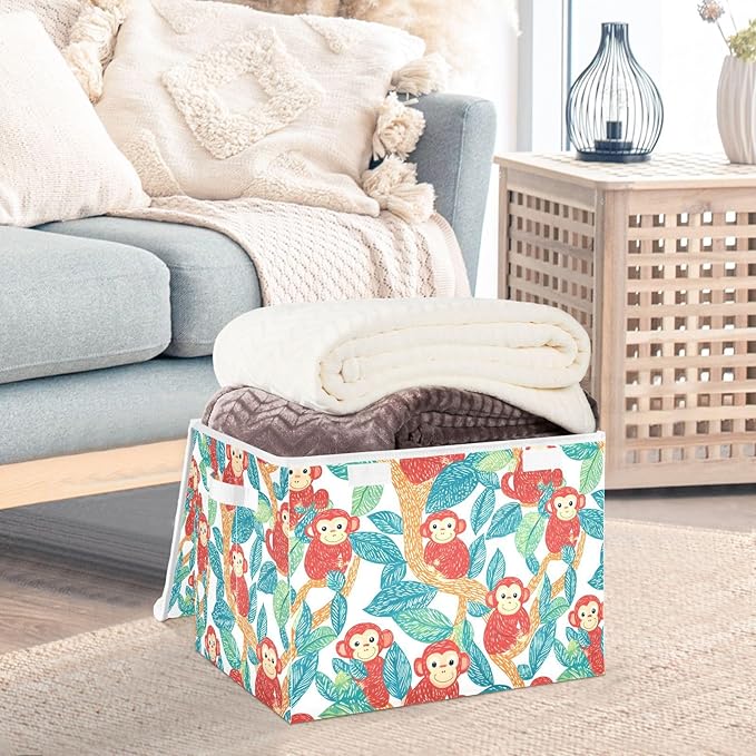 Storage Cube with Lid Cartoon Monkey Print 16.5×12.6×11.8 IN 1 Pack Collapsible Large Capacity Foldable Storage Basket Bin Organizer