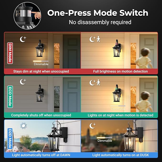 Gleamz Porch Lights Outdoor with GFCI Outlet Black Motion Sensor Light Wall Mount 100% Aluminum Anti-Rust Waterproof Outside Light Fixture for House Patio Garage Adjustable Distance Time 5 Modes