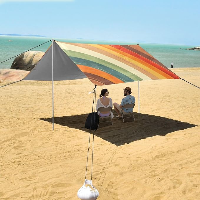 Brown Tie-dye Background Rainbow Colors Tie-dye Pattern Stable Beach Tent UPF50 Easy Setup Large Portable Sun Shelter with Sandbags and Shovel for Camping Picnics Backyard &amp Fishing