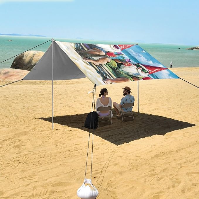 ALAZA Three Gnomes Beach Summer Beach Tent Sun Shelter UPF50+ Protection Beach Shade Canopy w/ 4 Sandbags for Outdoor Camping Fishing Backyard Fun Picnic 10x9 ft