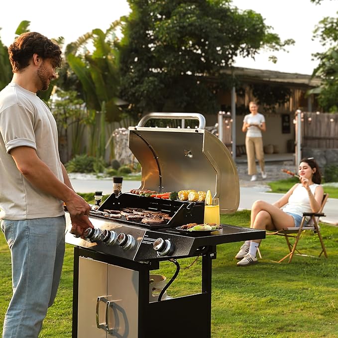 MASTER COOK 4+1 Burners Gas Grill 518 Sqin Cooking Area 52000 BTU Propane Grill with Side Burner Stainless Steel Cabinet Grill Silver &amp Black
