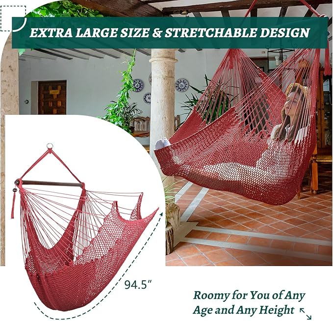 Bathonly Large Hammock Chair with Spreader Bar Caribbean Hammock Swing Chair XL Hammock Chair Outdoor Indoor 330 LBS Weight Capacity Red