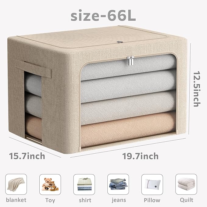 FHSQX 2 Pack Clear Window Storage Bins - Large Stackable Linen Fabric Storage for Clothes Foldable Container Organizer Set with Carrying Handles (Beige 19.7x 15.7x 12.6 Inch)