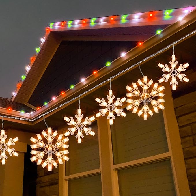 Dazzle Bright Christmas Snowflake Lights Outdoor100 Count 8.5FT Connectable Waterproof Christmas Icicle Lights with 6 Drops Plug in for Indoor Xmas Yard Home Decorations (Warm White)