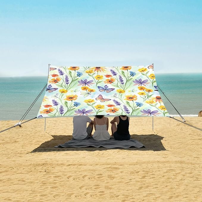 Wildflowers Beach Canopy Sun Shelter with Sandbags &amp Sand Shovel &amp Windproof Ropes - Portable 110x126 Beach Shade Beach Tent for Camping Picnics