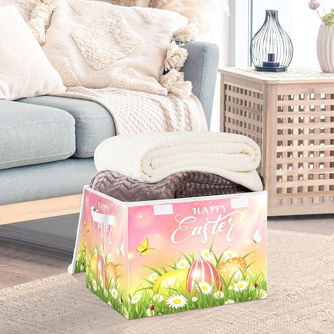senya Easter Storage Baskets Collapsible Storage Bins with Lids Happy Easter Eggs and Butterfly Storage Boxes Clothes Baskets for Organizing